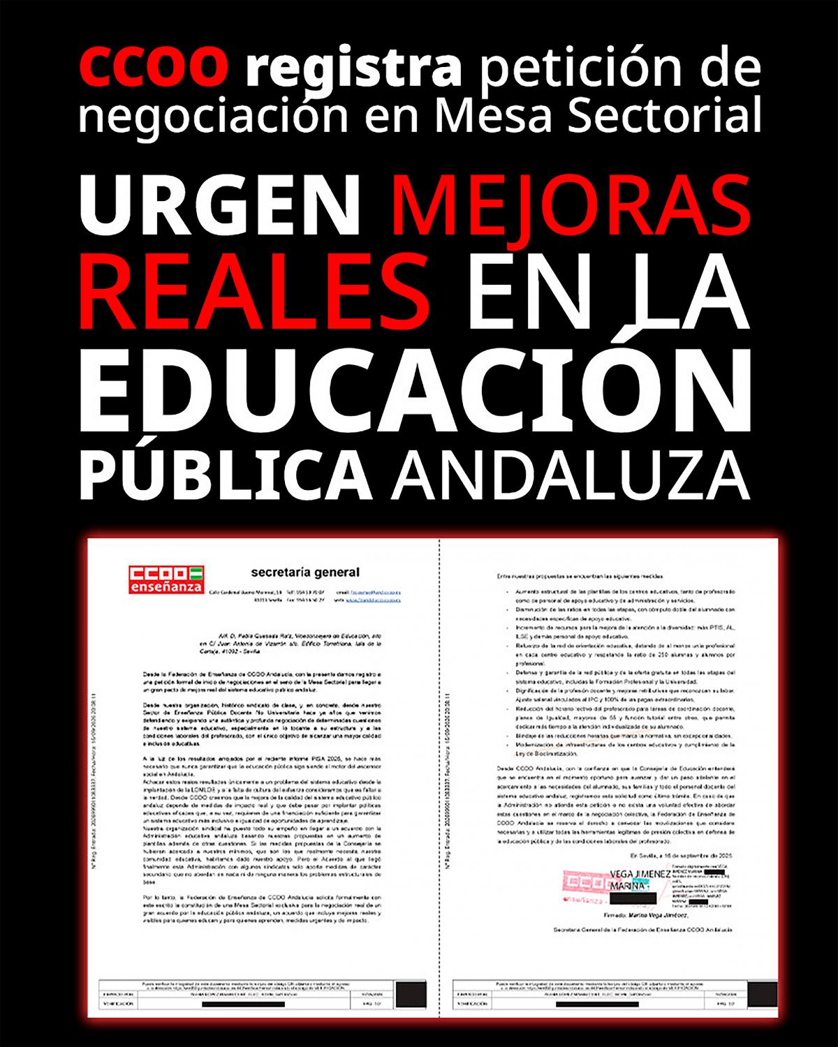 CCOO enseñanza de Andalucía documento registrado por mejores en la Educación Pública Andaluza