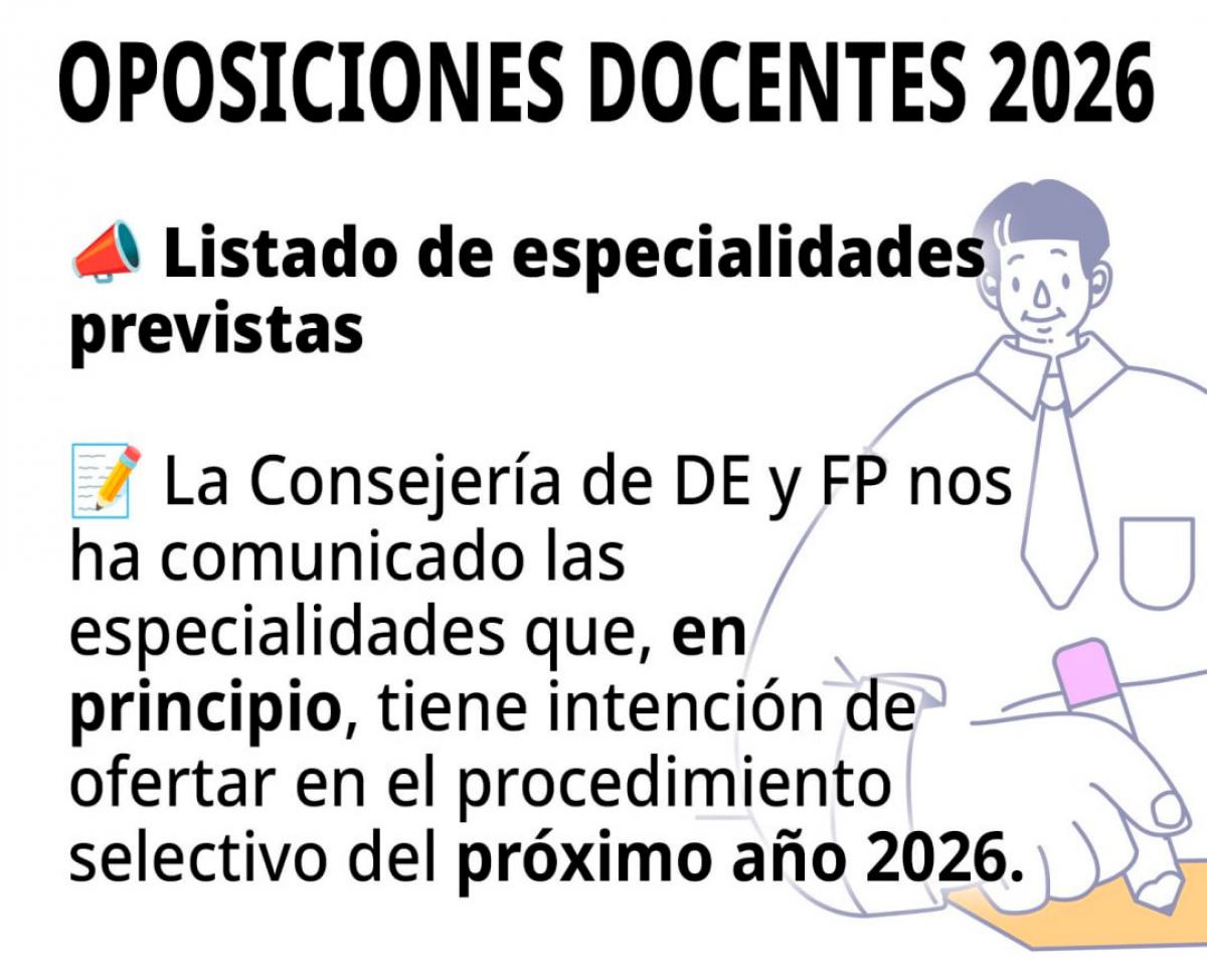 Oposiciones 2026. Listado de especialidades previstas